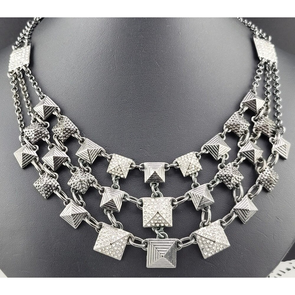 "Metropolis" Signed Lia Sophia Crystal Pyramid Gun Metal Waterfall Bib Necklace